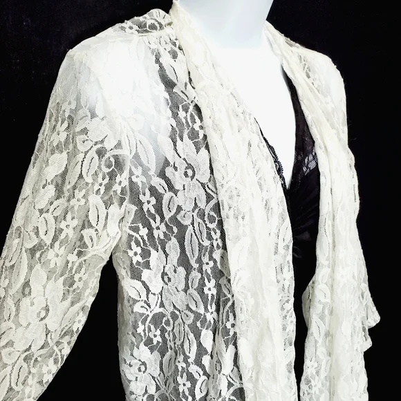 Slinky Brand Sweaters Slinky Brand White Lace 2 Sleeve Open Front Drape Cardigan Sweater Size L Euc Poshmark